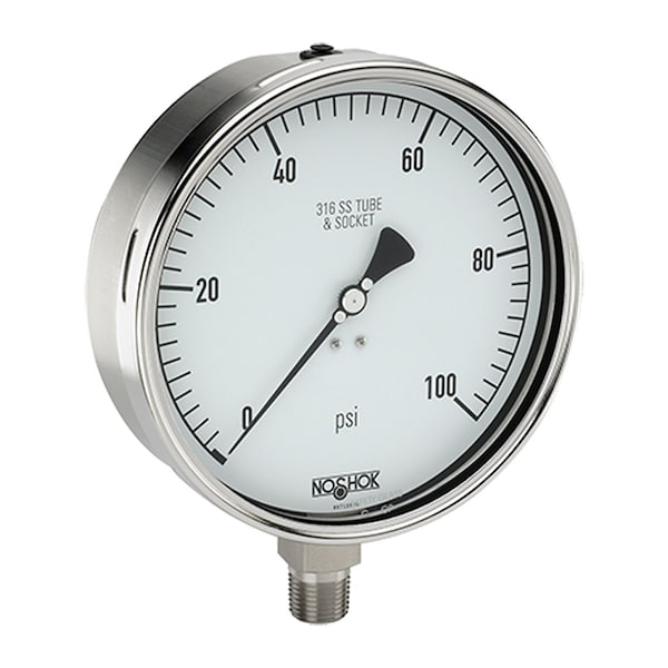 Pressure Gauge, 4" 304SS Case, 316SS Internals, 600 psi/bar, 1/2 NPT Male Bottom Conn, Glycerin Filled
